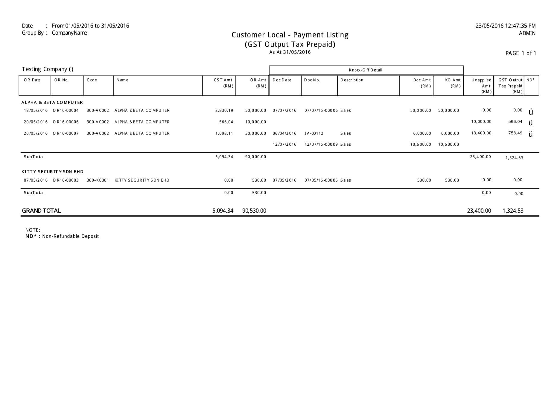 Cust Local - Payment Listing (GST Output Tax Prepaid) | E Stream MSC